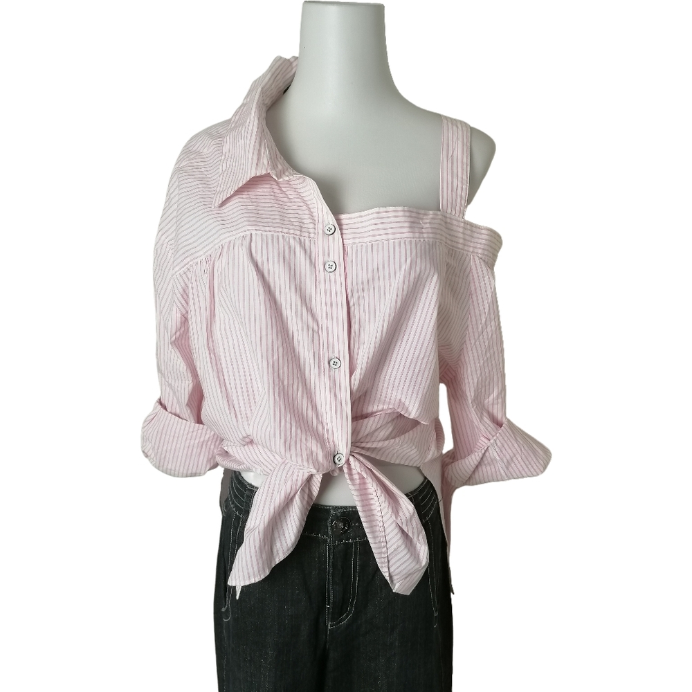 🦩 loose pink & white striped one-shoulder long-sleeved cotton shirt by a